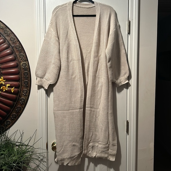 🍂New Khaki Solid Knit Longline Open Front Bishop Sleeve Split Hem Cardigan Med - Picture 10 of 16